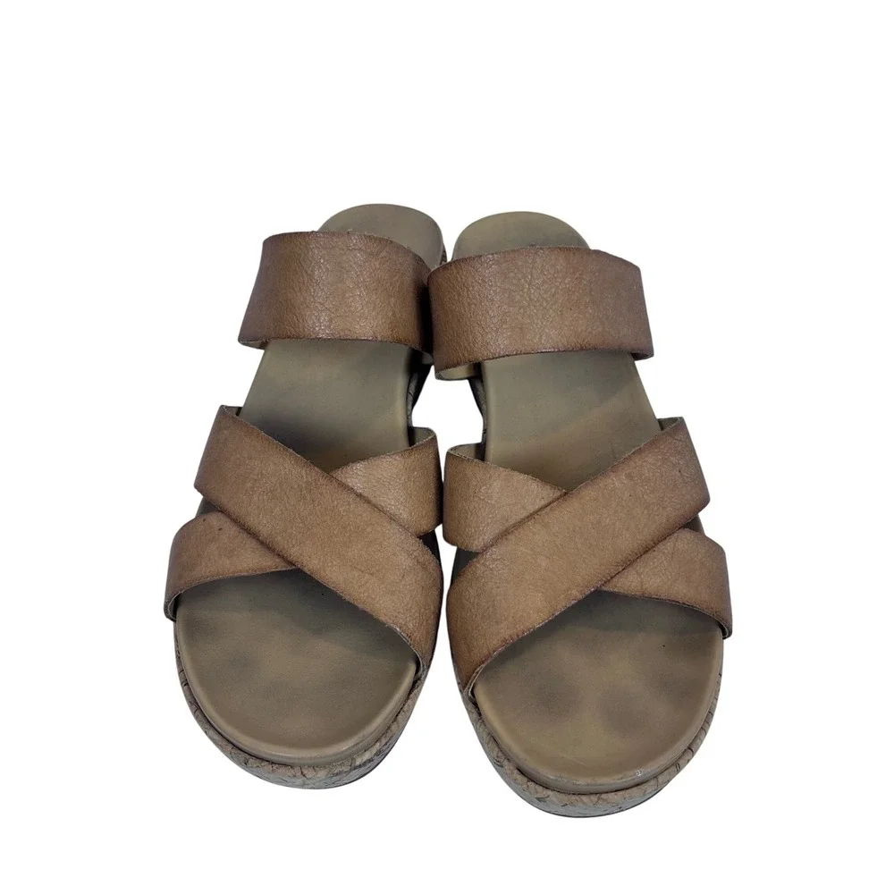 Kork Ease Camellia Size 10M Leather Cork Wedge‎ Sandals Strappy Tan Brown (S583)